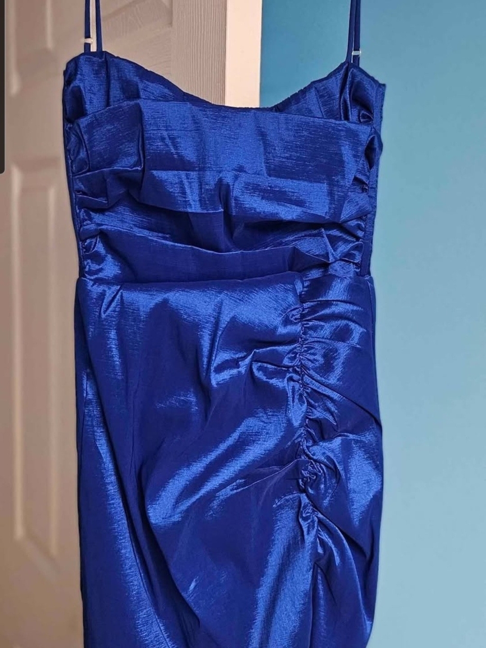 Lucy in the Sky Royal Blue Satin Ruched Spaghetti-Strap Mini Dress